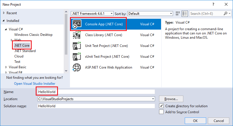Screenshot that shows the .NET Core app template.