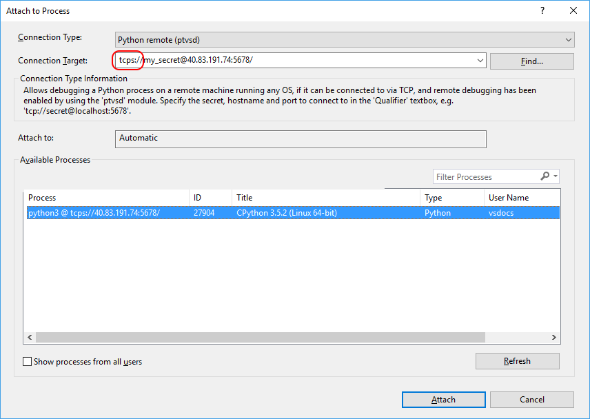 Choosing the remote debugging transport with SSL