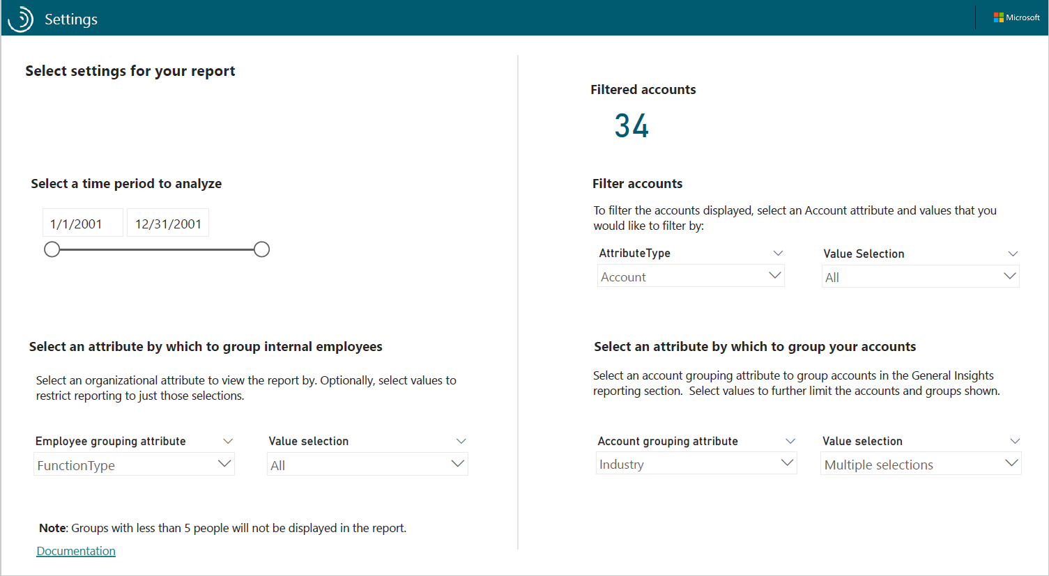 Relationship Intelligence Power BI report settings.