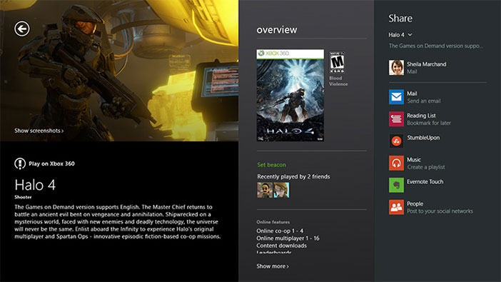 Приложение Halo 4 и панель общего доступа