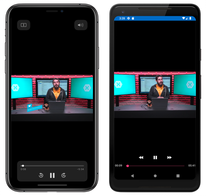Снимок экрана: mediaElement, воспроизводимый видео в iOS и Android.