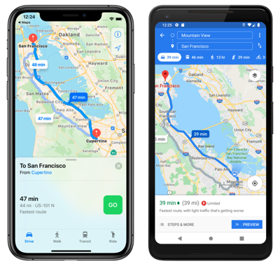 Снимок экрана: маршрут собственного приложения карты в iOS и Android