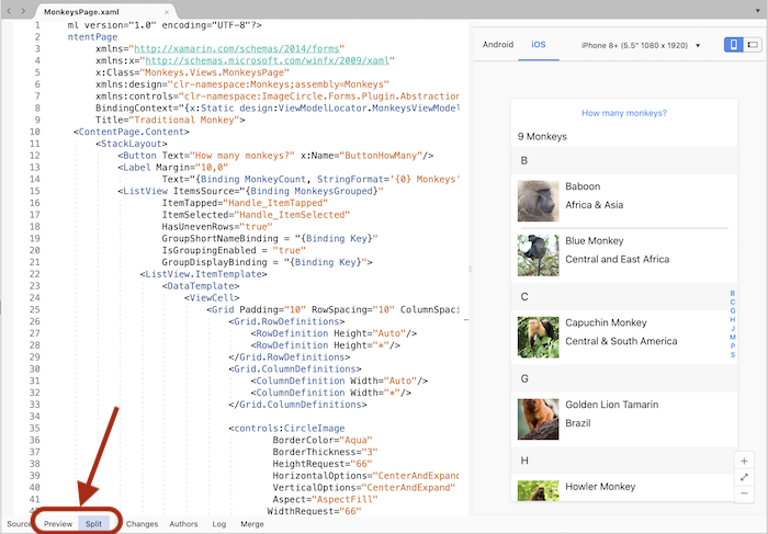 Xamarin.Forms Previewer enabled with the preview or split button