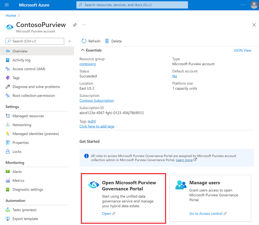 Снимок экрана: учетная запись Microsoft Purview в портал Azure с выделенной кнопкой портала управления Microsoft Purview.