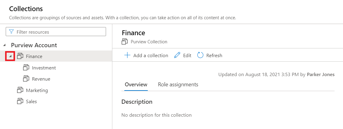 Снимок экрана: окно коллекции портала управления Microsoft Purview с выделенной кнопкой рядом с именем коллекции.