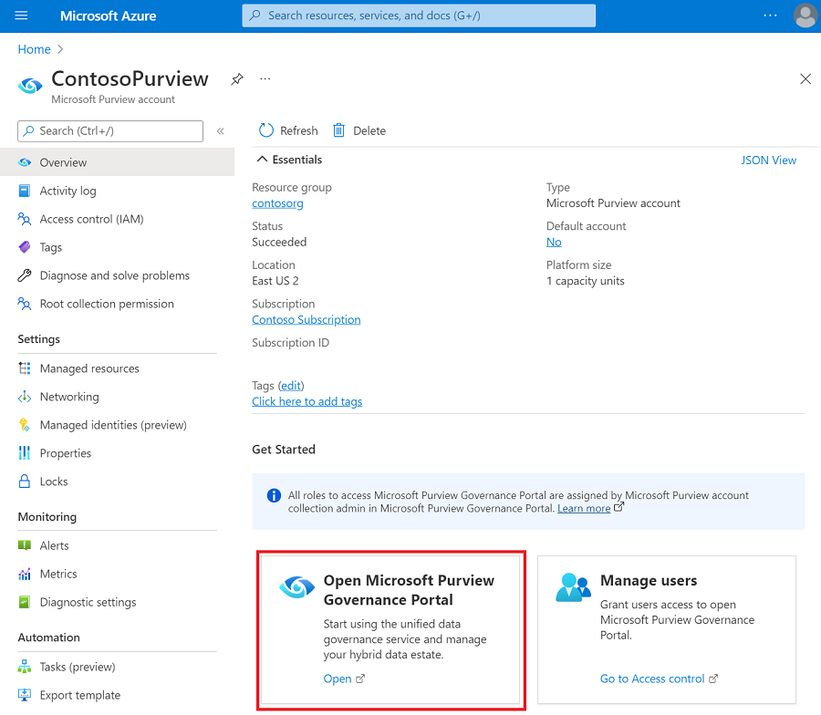Снимок экрана: учетная запись Microsoft Purview, открытая в портал Azure, с выделенной кнопкой портала управления Microsoft Purview.