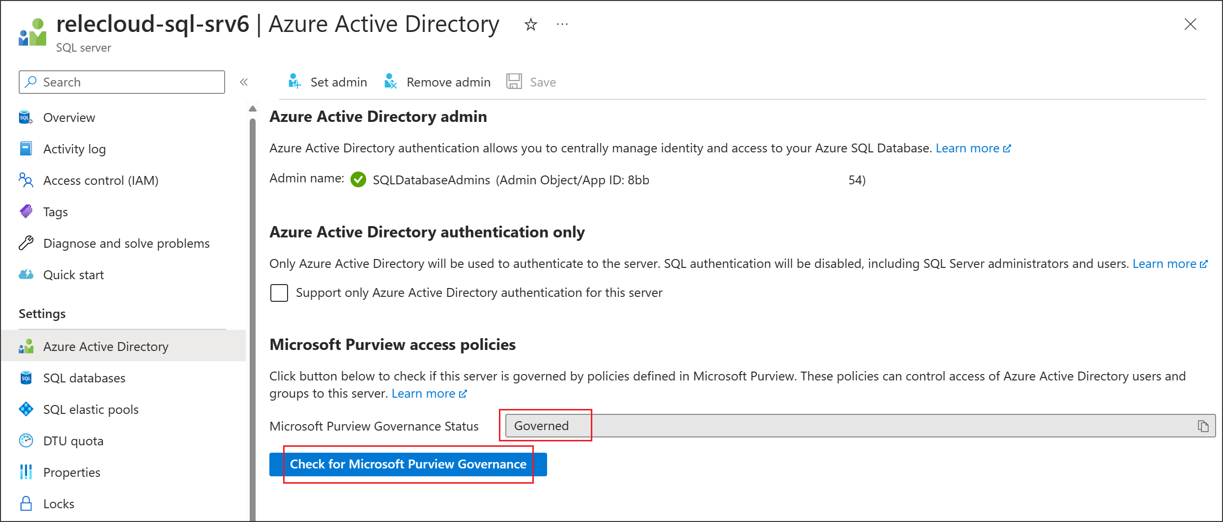 Снимок экрана: Azure SQL управляется Microsoft Purview.