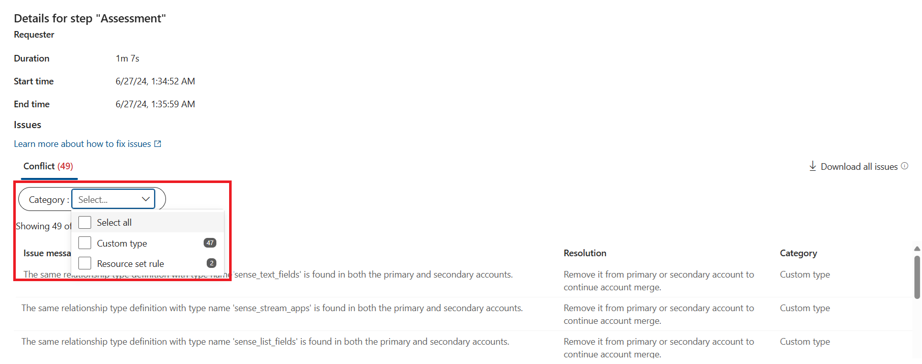 Screenshot of the details for the Assessment step showing limitations filtered by category.