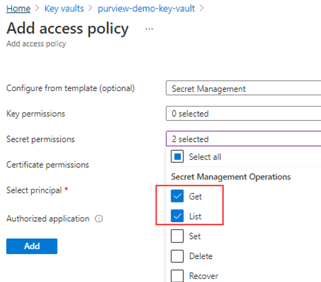 Снимок экрана: политика доступа для RDS в Microsoft Purview.
