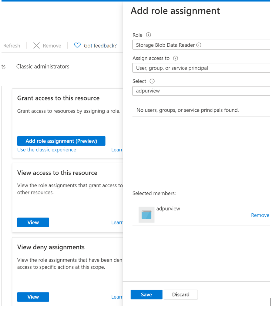Снимок экрана: сведения о назначении разрешений для учетной записи Microsoft Purview