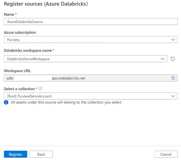 Снимок экрана: регистрация источника Azure Databricks.