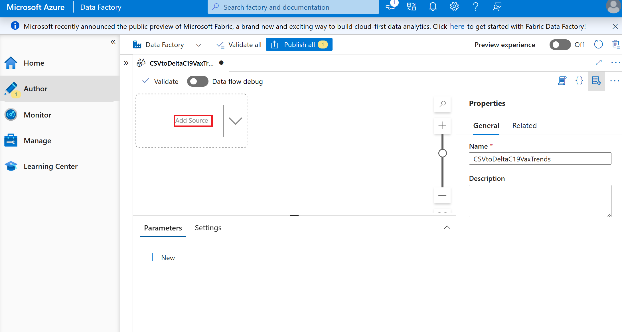 Screenshot of adding a data source for the dataflow.