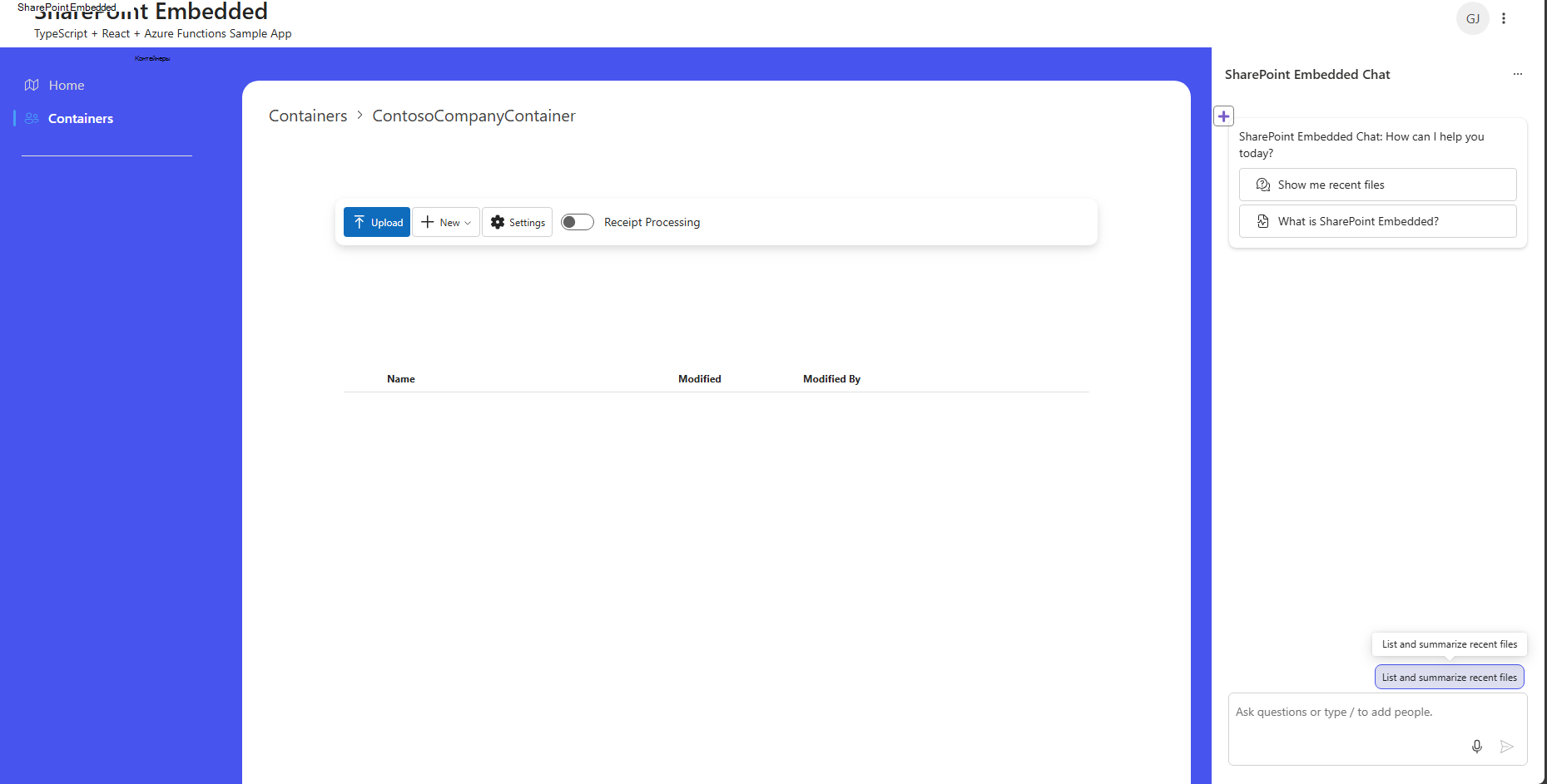 Приложение SPE Typescript, работающее в edge на странице созданного контейнера ContosoCompanyContainer