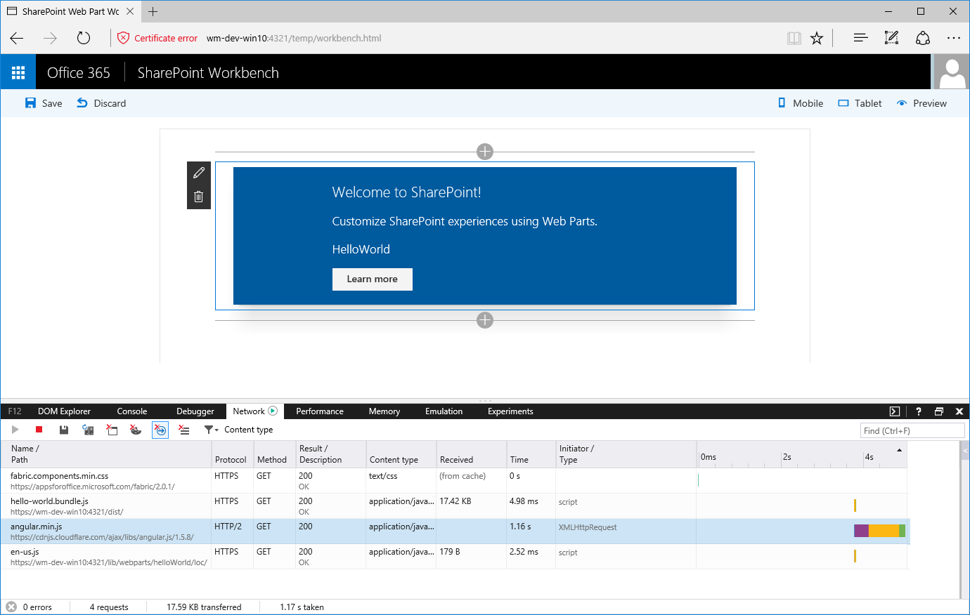 Angular, выделенный в средствах разработчика, для страницы с одной веб-частью