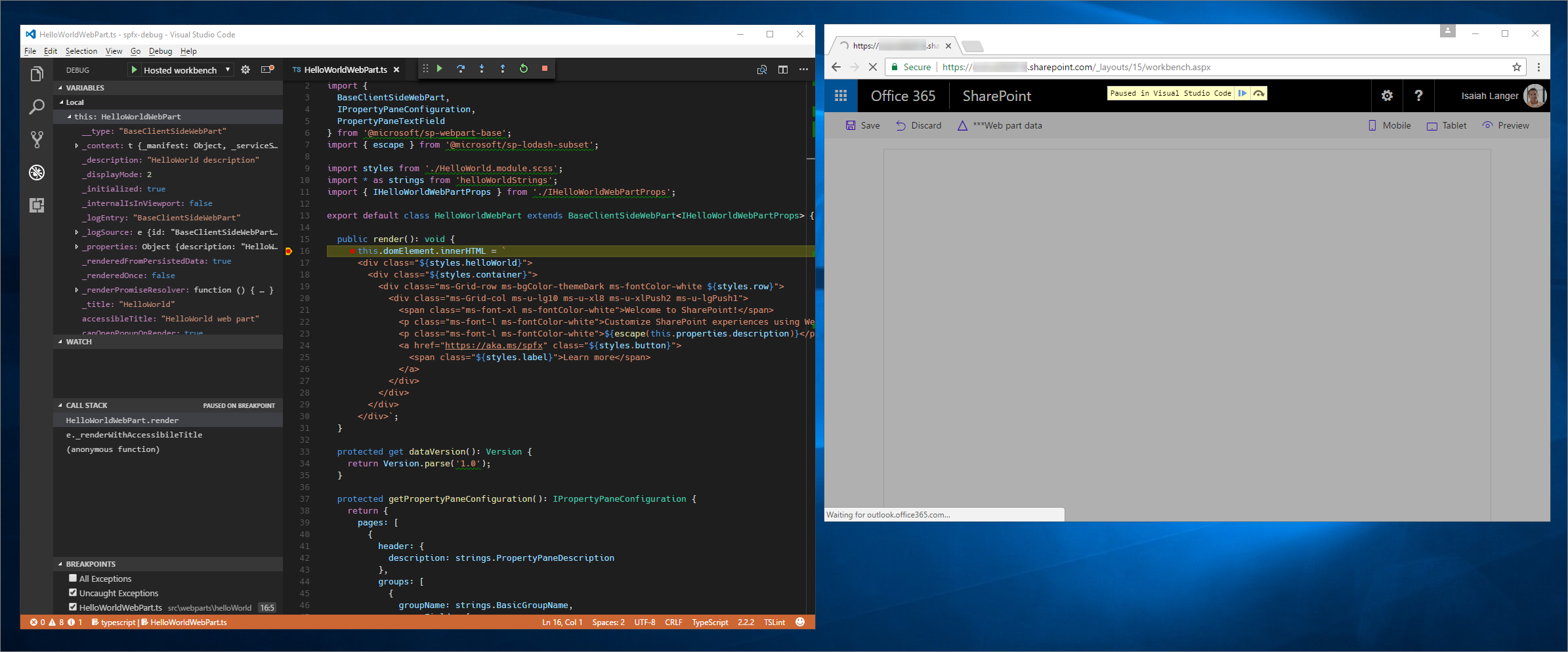 Достигнутая точка останова в Visual Studio Code при отладке клиентской веб-части SharePoint Framework в размещенной рабочей области