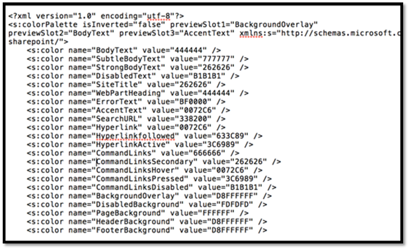 Снимок экрана: SPCOLOR-файл с атрибутами color name и value
