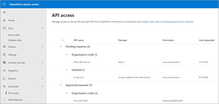 Страница доступа к API в современном Центре администрирования SharePoint