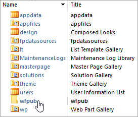 Снимок экрана: папка wfpub в объектах сайта SharePoint.
