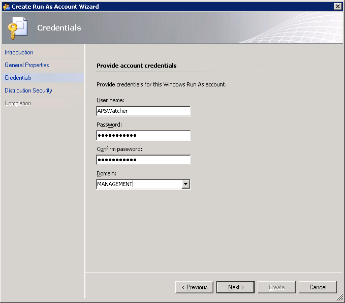 Screenshot showing the Credentials page of the Create Run As Account Wizard.