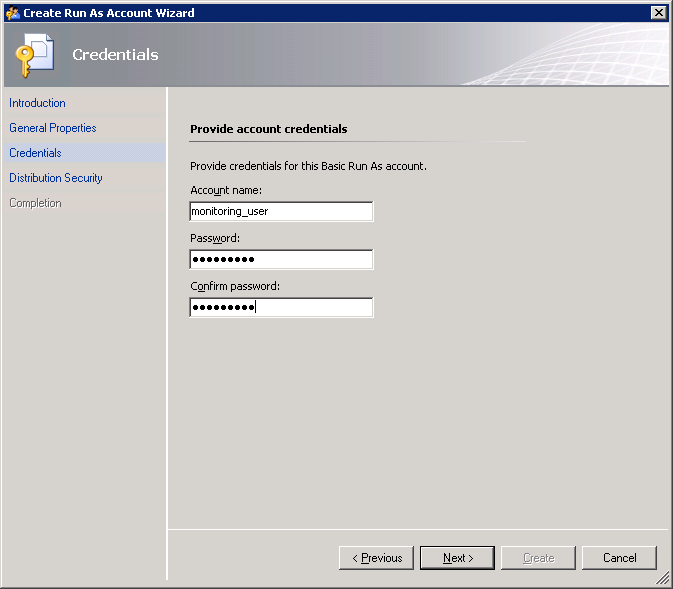 Screenshot showing the Credentials page of the Create Run As Account Wizard with valid credentials to access APS health state DMVs.
