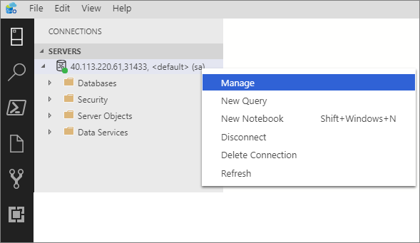 A screenshot from Azure Data Studio showing where to right-click and manage.