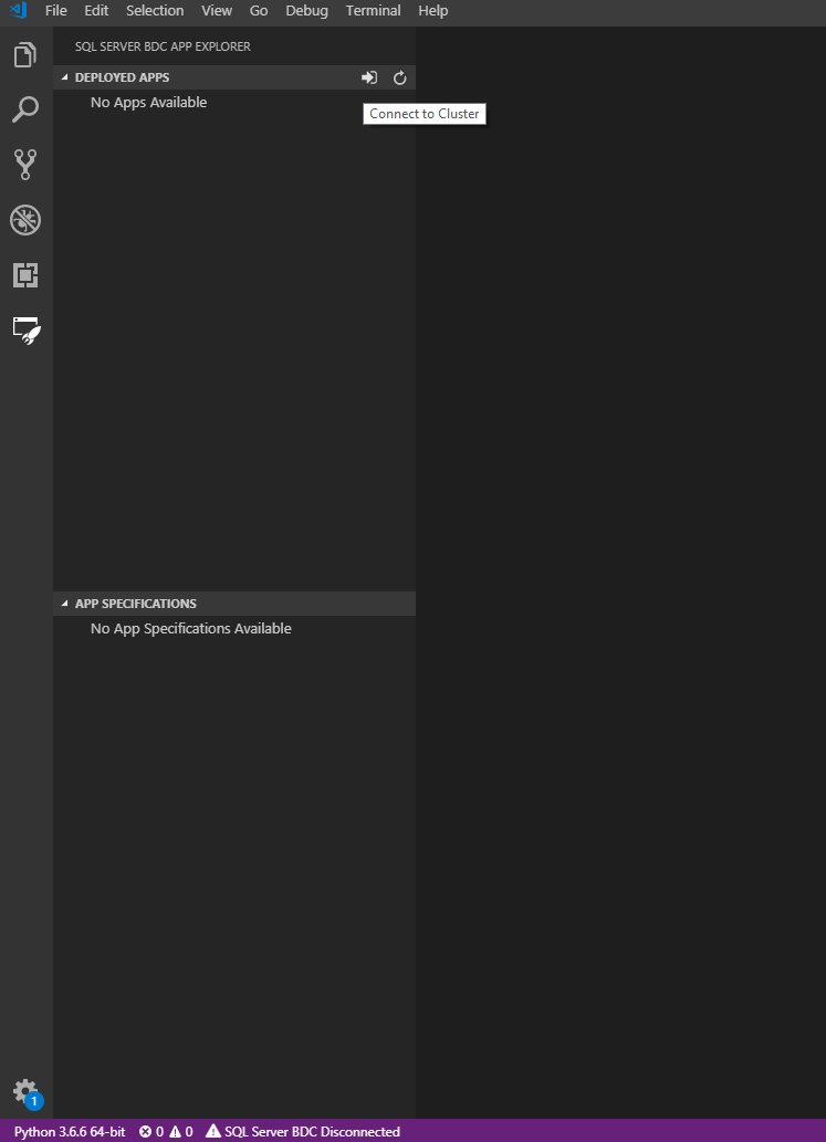 Снимок экрана, на котором показан Обозреватель приложений без приложений и их спецификаций.