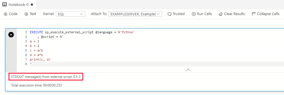 Выходные данные кода на Python в записной книжке SQL в Azure Data Studio