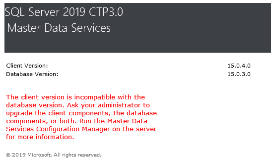 mds-SQLServer2019-Config-MI_UpgradeDBPage Снимок экрана: ошибка Служб Master Data Services.
