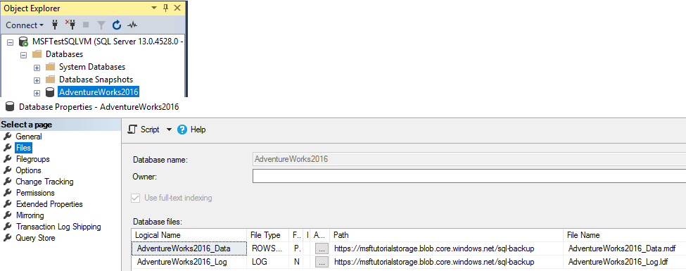Снимок экрана: SSMS объекта [! INCLUDE [sssampledbobject-md](.. База данных /includes/sssampledbobject-md.md)] на виртуальной машине Azure.