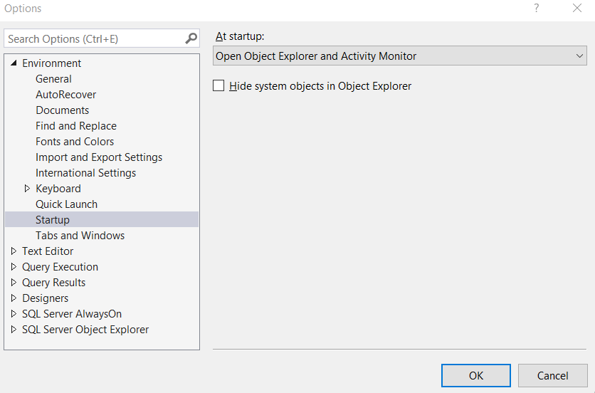 Screenshot of the SQL Server Management Studio Options, showing the Startup page.