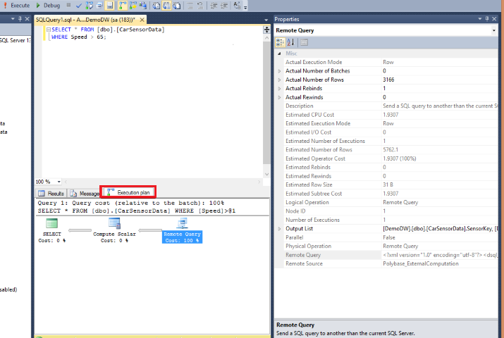 Снимок экрана из среды SQL Server Management Studio плана выполнения запроса PolyBase.