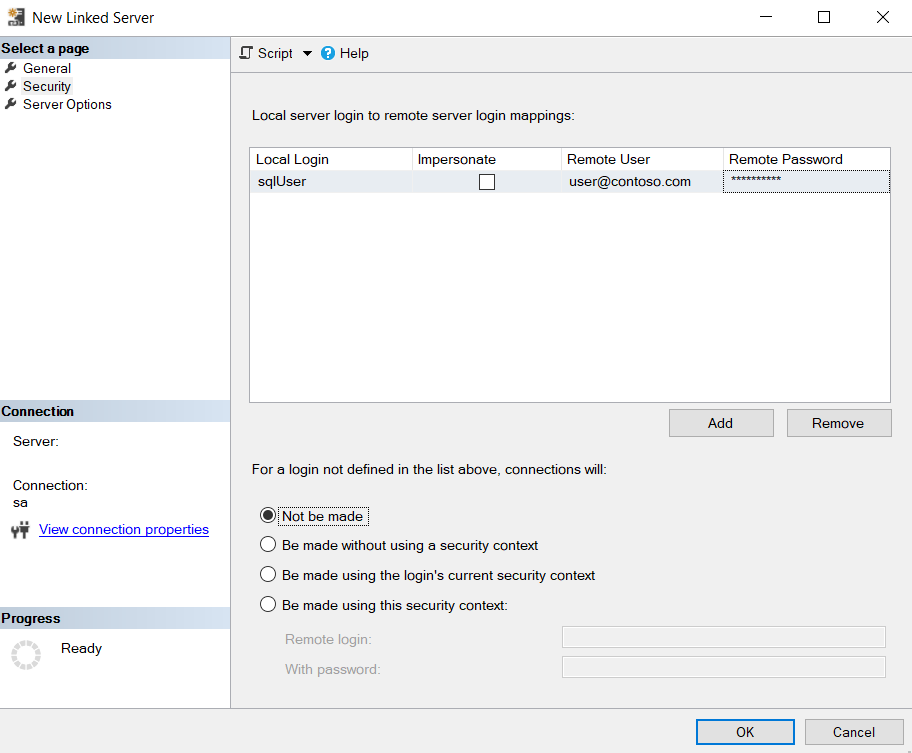 Screenshot of setting security for linked server