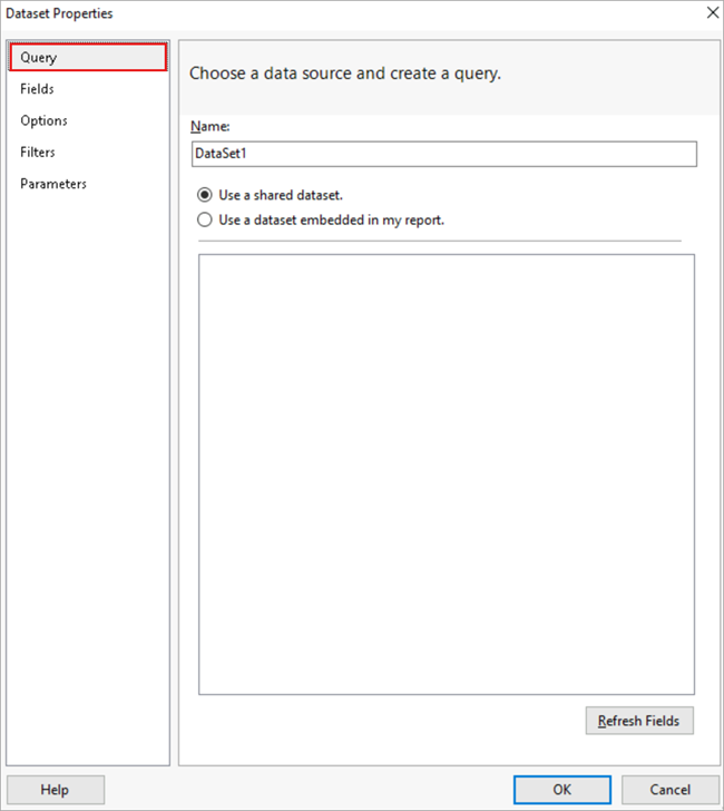 Screenshot of the Dataset Properties dialog box showing the query section.