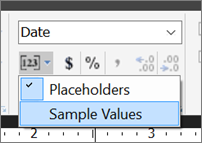Скриншот, показывающий опцию Sample Values в Report Builder.