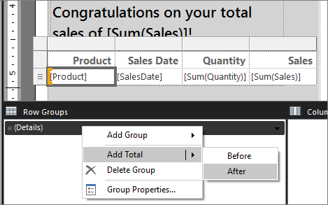 Screenshot that shows how to Add Totals to the Report Builder free form report.