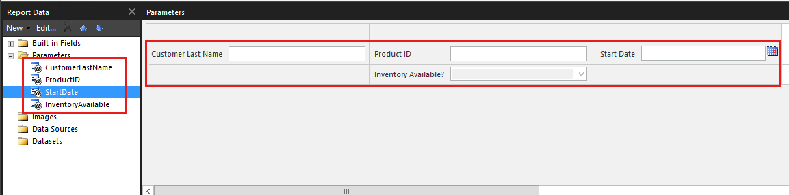 Customer last name. Report Builder parameters in. Report data pane.