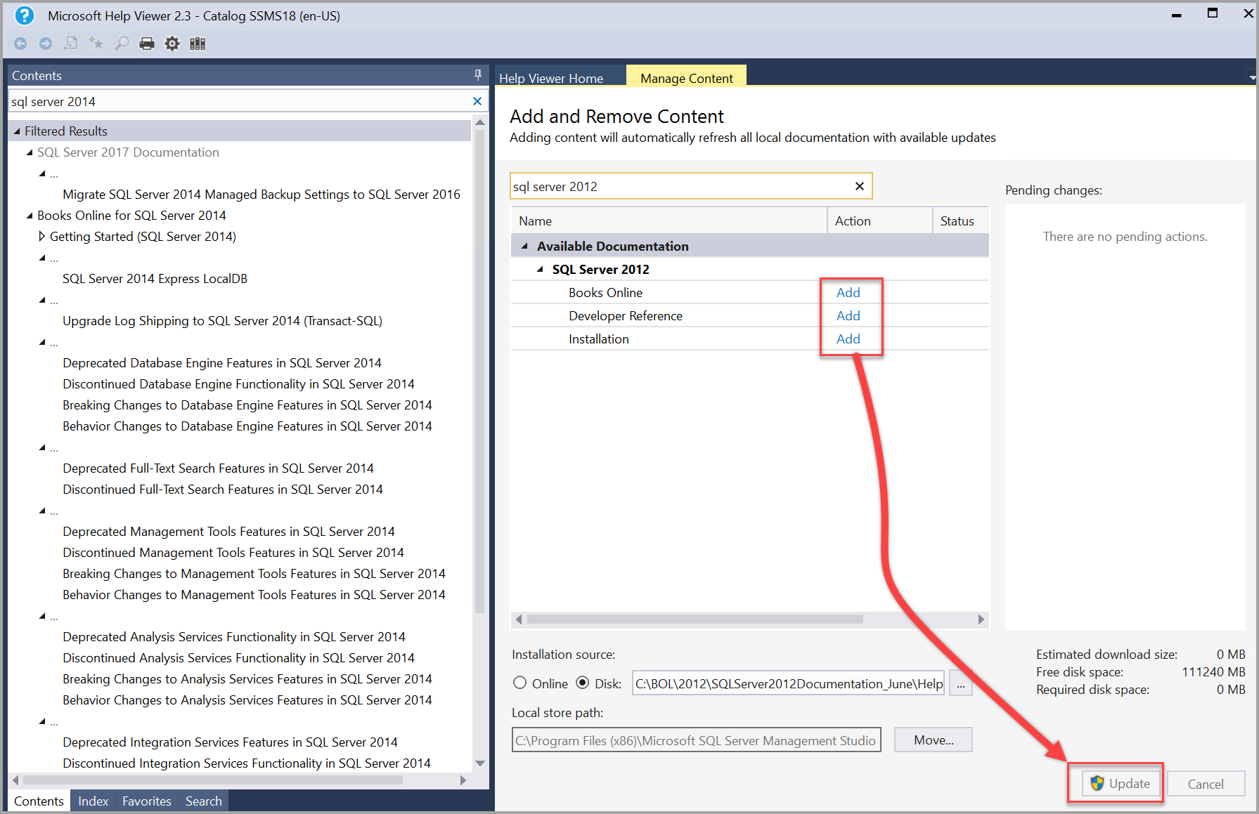 Screenshot of SQL Server 2012 documentation add and update in Help Viewer.
