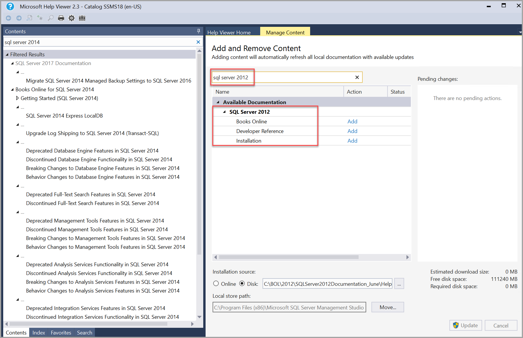 Screenshot of SQL Server 2012 documentation search in Help Viewer.