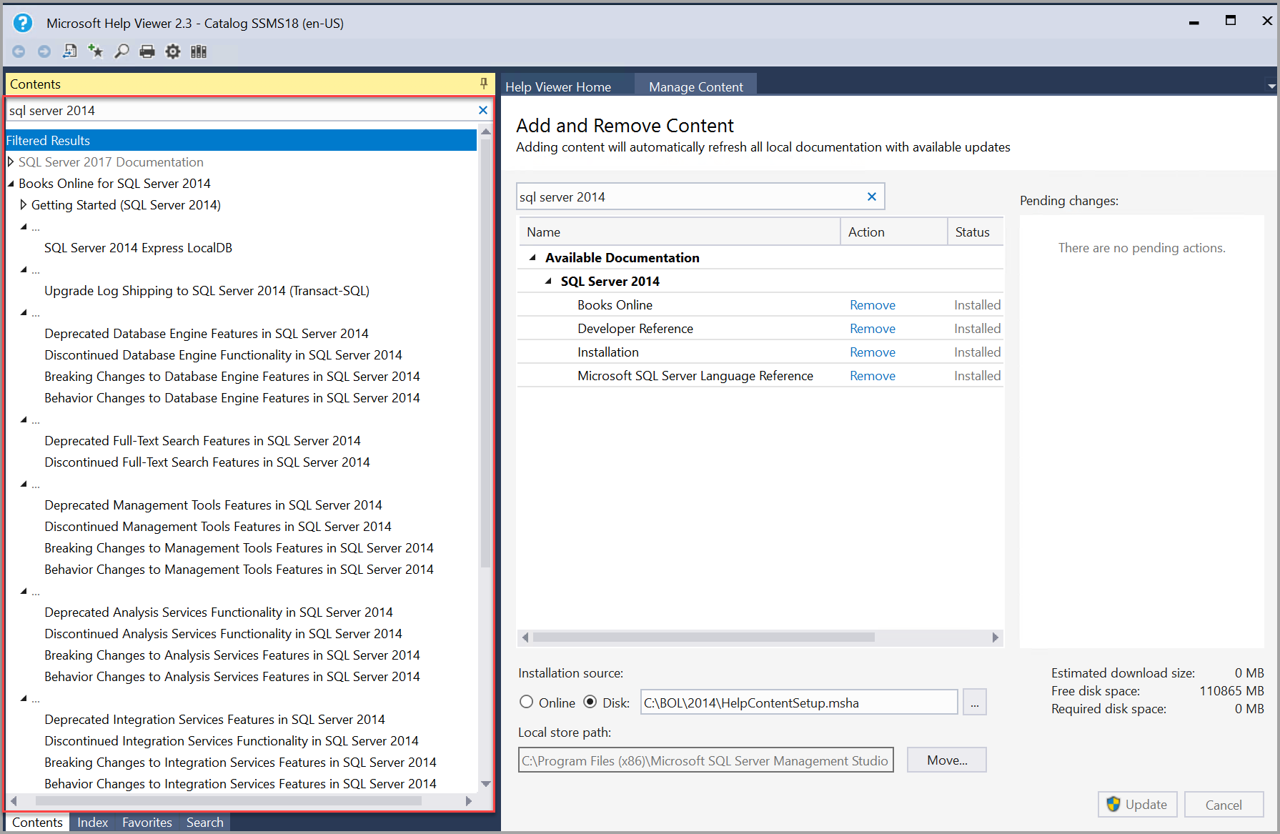 Screenshot of SQL Server 2014 books automatically updated.