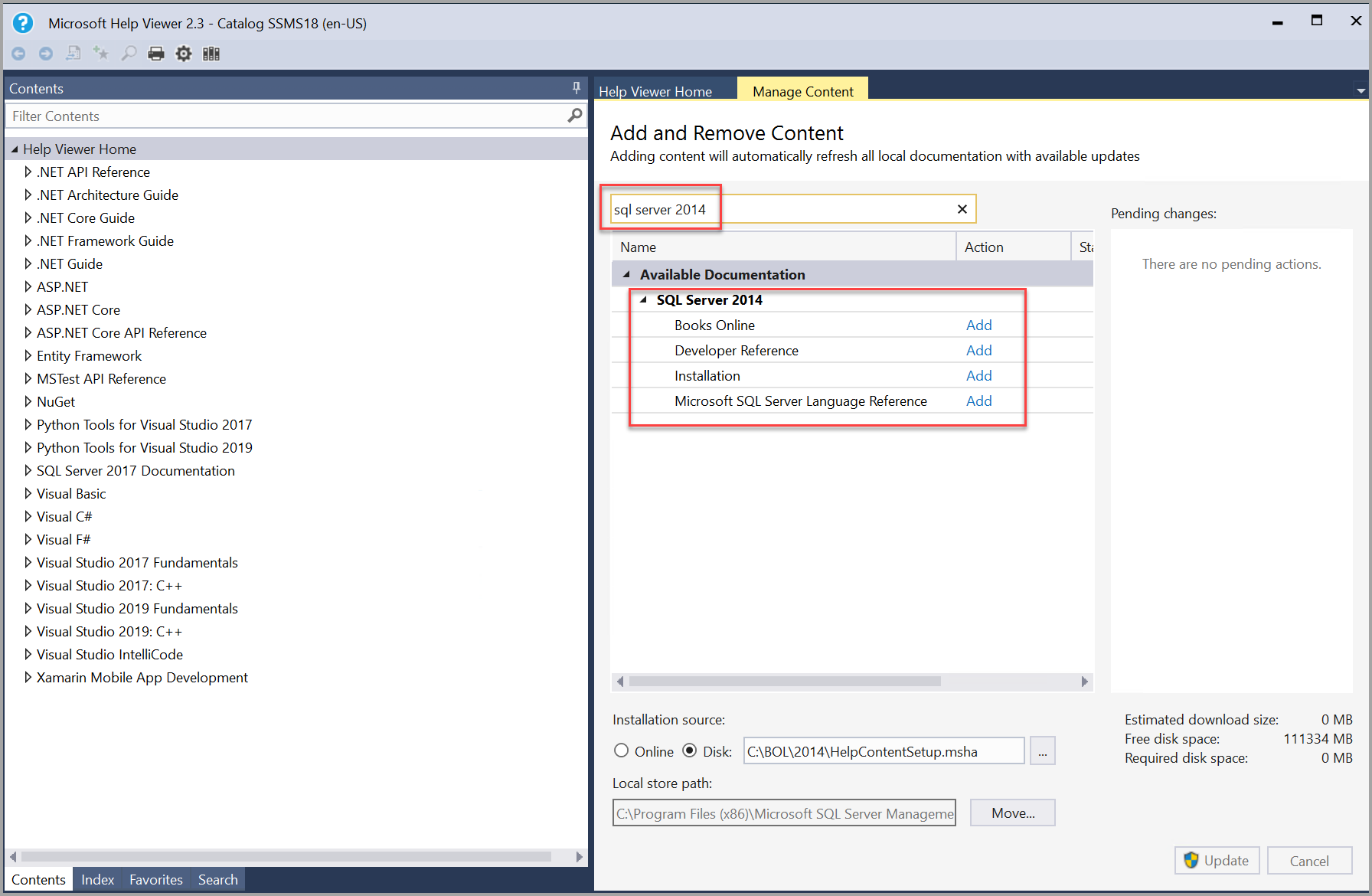 Screenshot of SQL Server 2014 books search in Help Viewer.