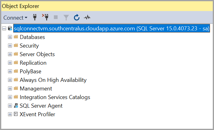 Снимок экрана: подключение виртуальной машины SQL Azure.