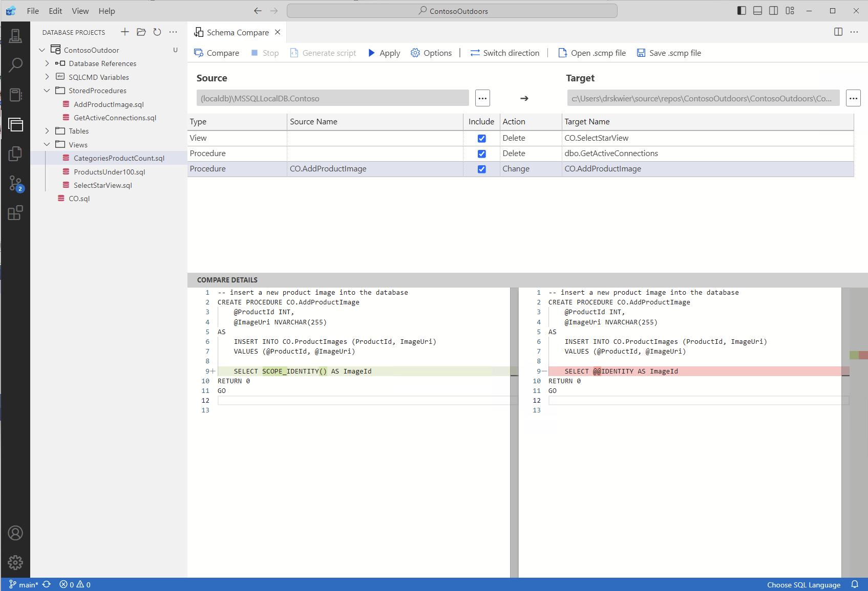 Снимок экрана: интерфейс сравнения схем в Azure Data Studio, сравнивающий базу данных с проектом.