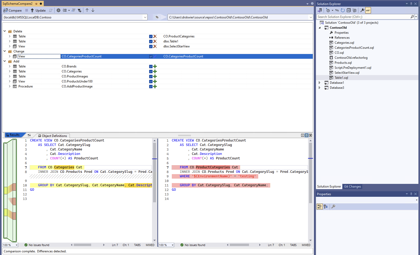 Снимок экрана: интерфейс сравнения схем в Visual Studio, сравнивающий базу данных с проектом.
