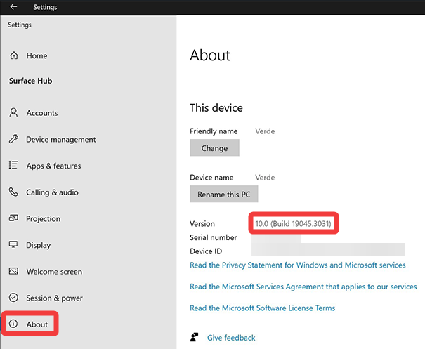 Изображение, показывающее, где найти текущий номер сборки ОС Surface Hub.