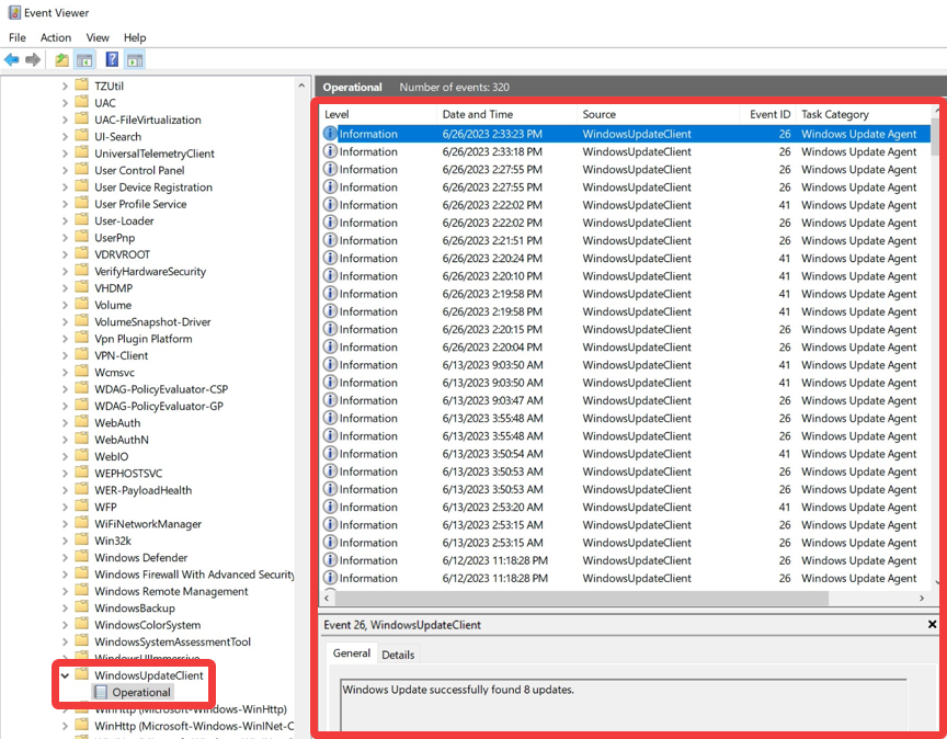 Изображение, показывающее файлы клиентский компонент Центра обновления Windows Просмотр событий на Surface Hub.