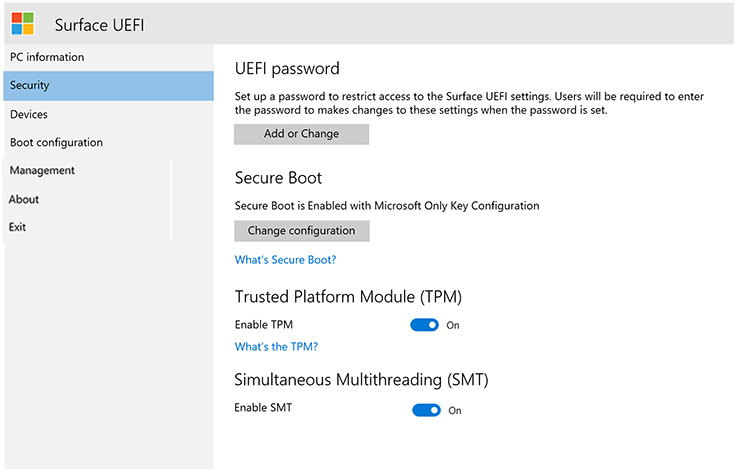 Настройте параметры безопасности Surface UEFI.