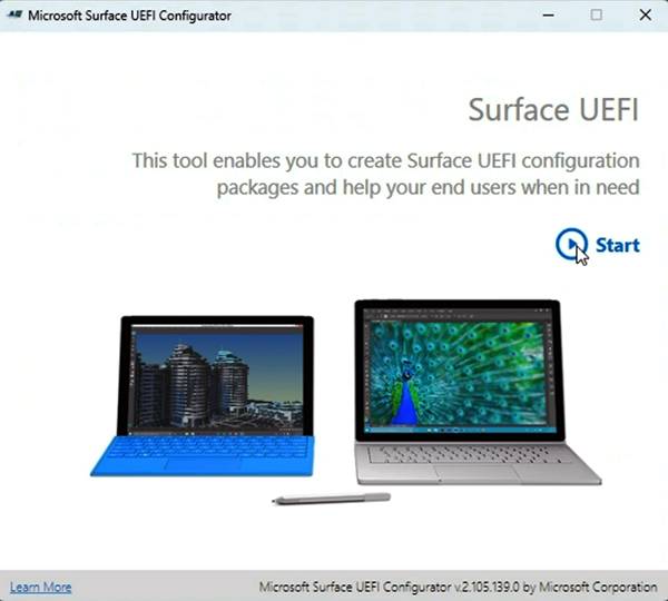 Снимок экрана: запуск конфигуратора UEFI Surface.
