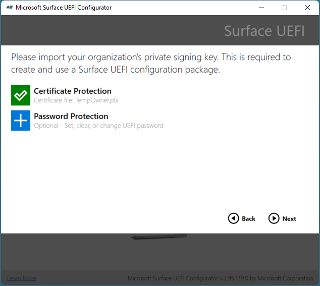 Добавьте сертификат SEM и пароль Surface UEFI в пакет конфигурации.