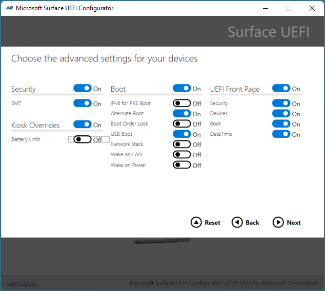 Управление дополнительными параметрами Surface UEFI и страницами Surface UEFI.
