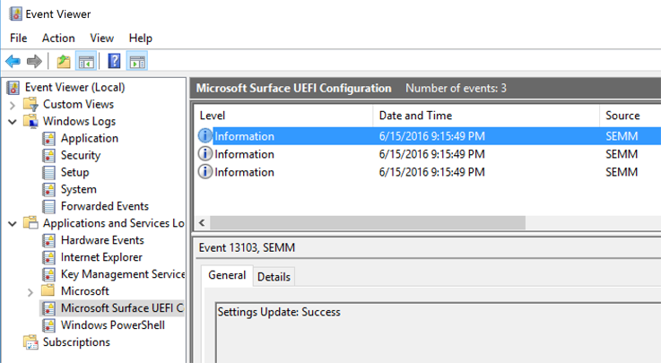 Проверьте регистрацию устройства Surface в SEMM в Просмотр событий.